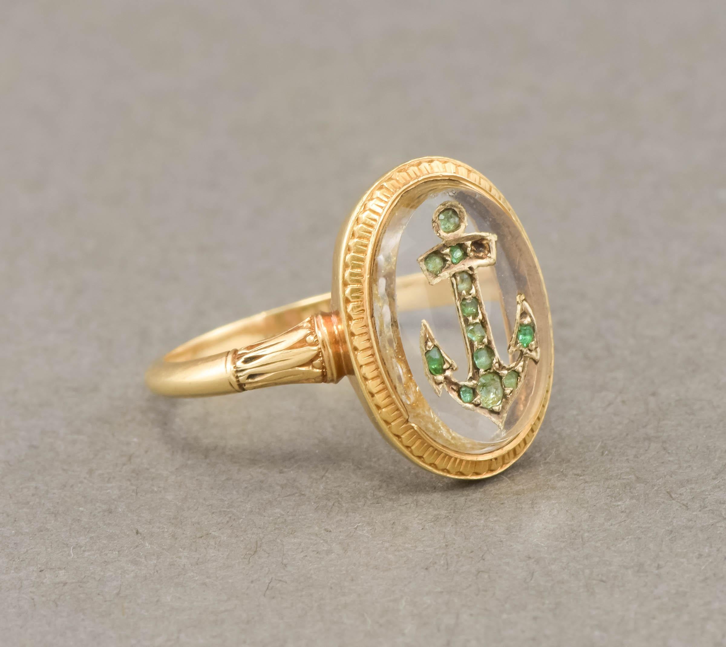 Antique French Emerald Anchor Ring with Rock Crystal & Inscription In Good Condition In Danvers, MA