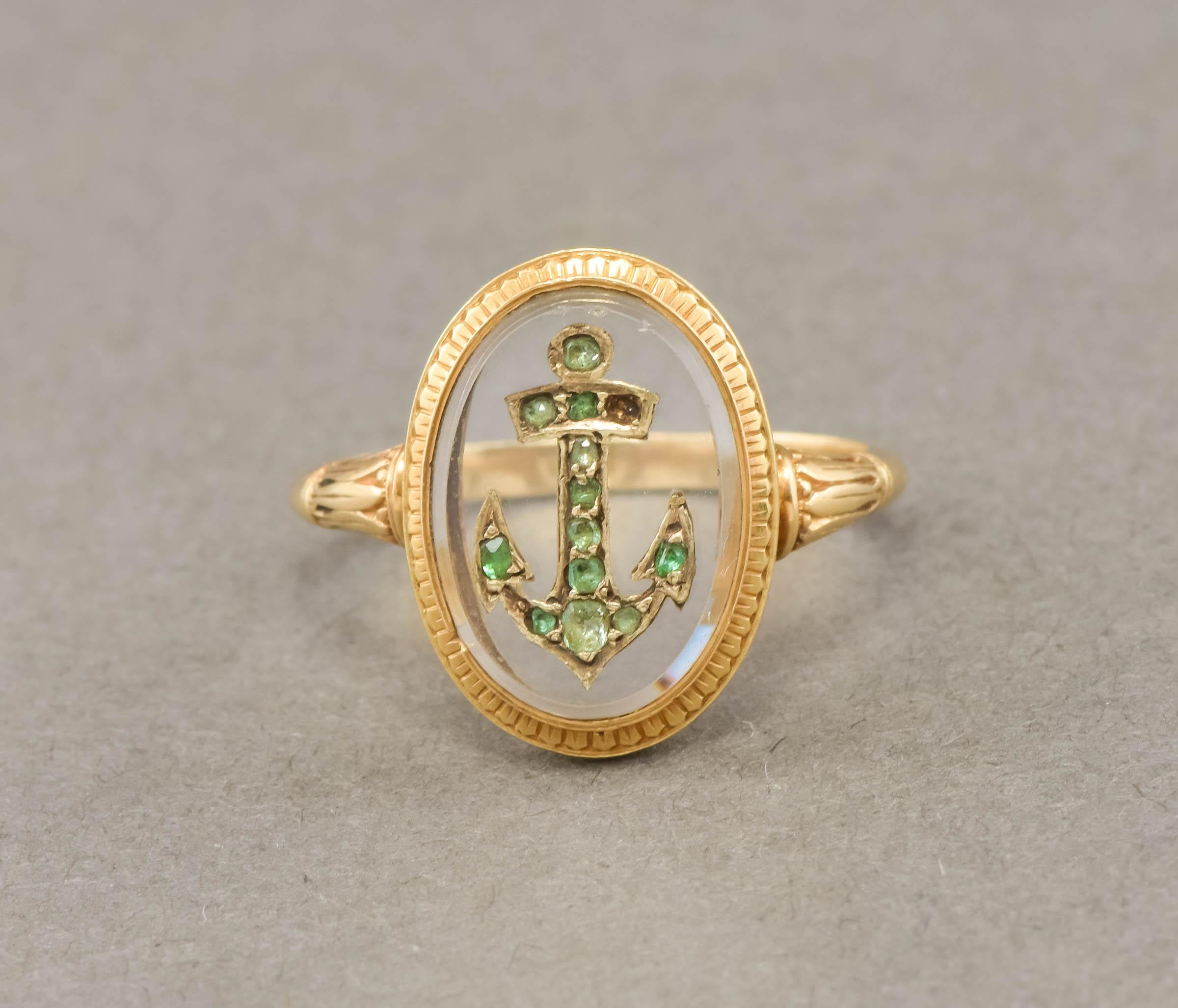 Women's or Men's Antique French Emerald Anchor Ring with Rock Crystal & Inscription
