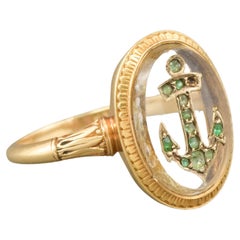 Antiker französischer Smaragd-Anker-Ring mit Bergkristall und Inschrift