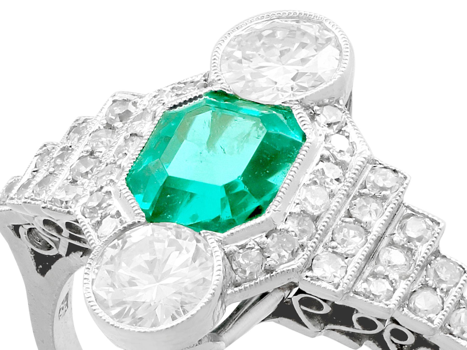 Octagon Cut Antique French Emerald and 1.06 Carat Diamond Platinum Ring