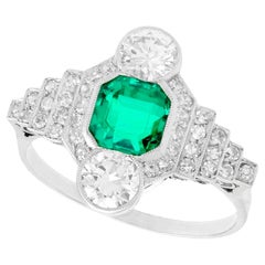 Antique French Emerald and 1.06 Carat Diamond Platinum Ring