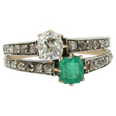 Antique French Emerald and Diamond Two Row Ring