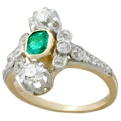 Antique French Emerald and Diamond Yellow Gold Cocktail Ring