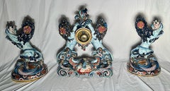 Antique French Émile Gallé 3 Piece Porcelain Lion Clock Garniture Set Circa 1890