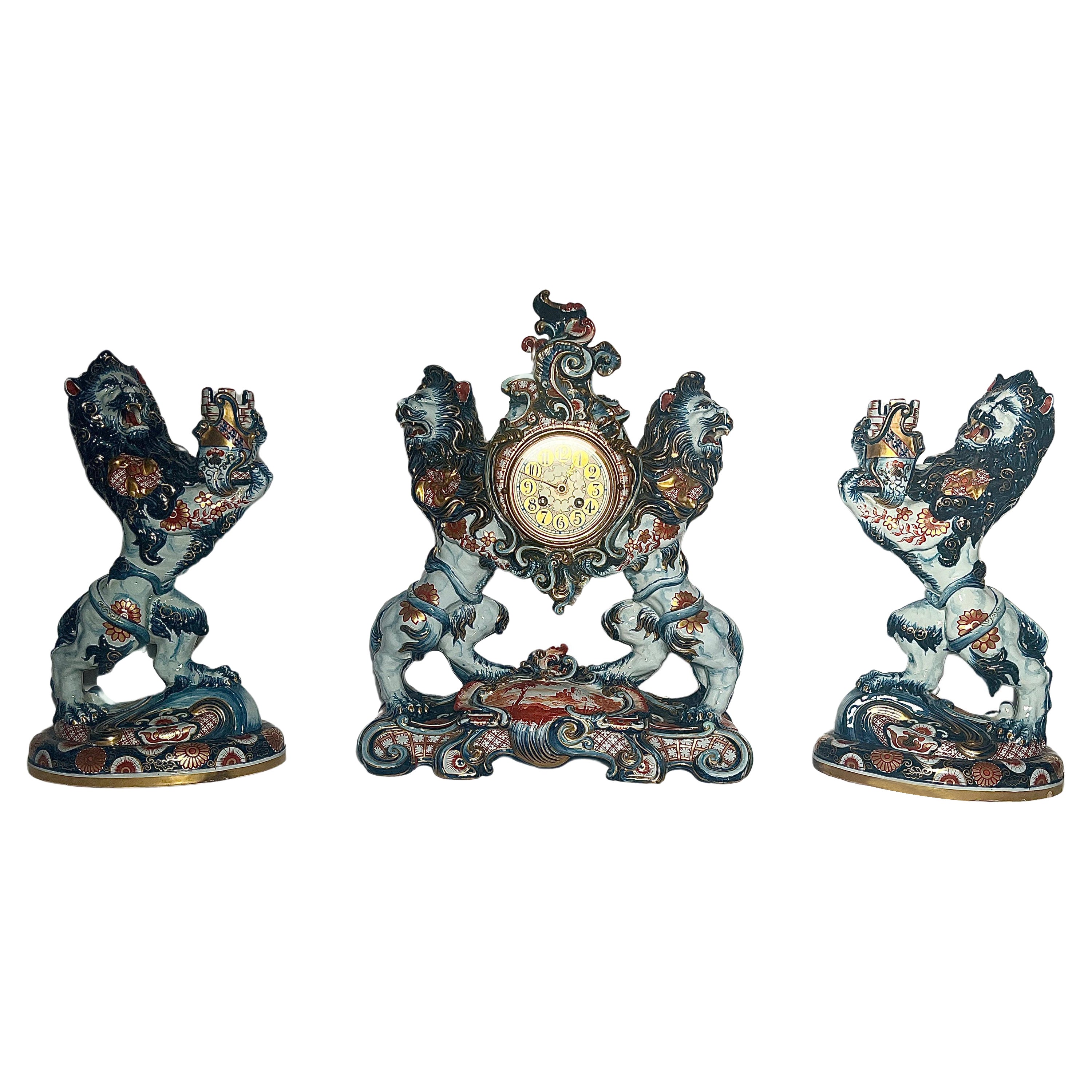 Antique French Émile Gallé 3 Piece Porcelain Lion Clock Garniture Set Circa 1890