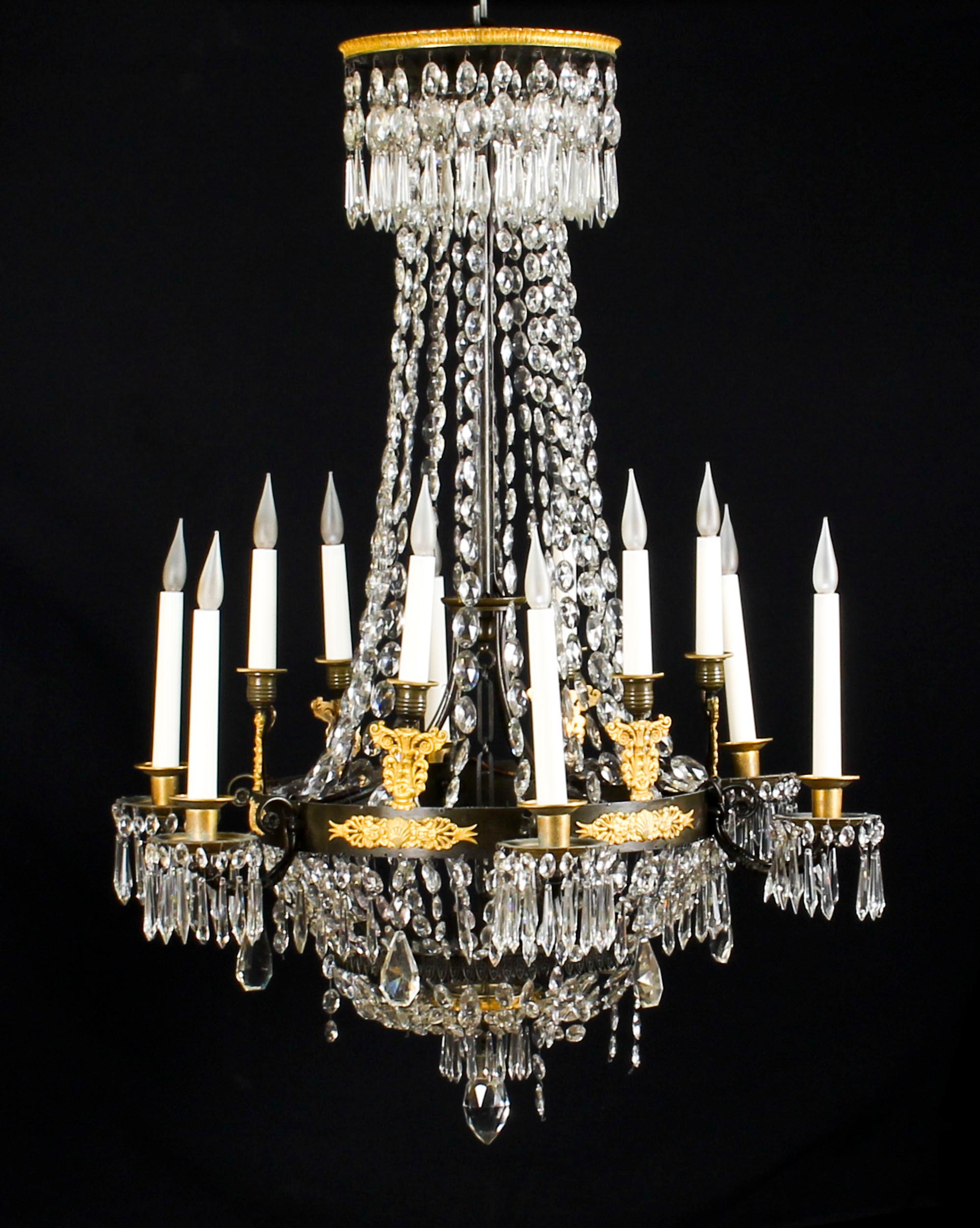Crystal Antique French Empire 12-Light Ballroom Chandelier, 19th Century