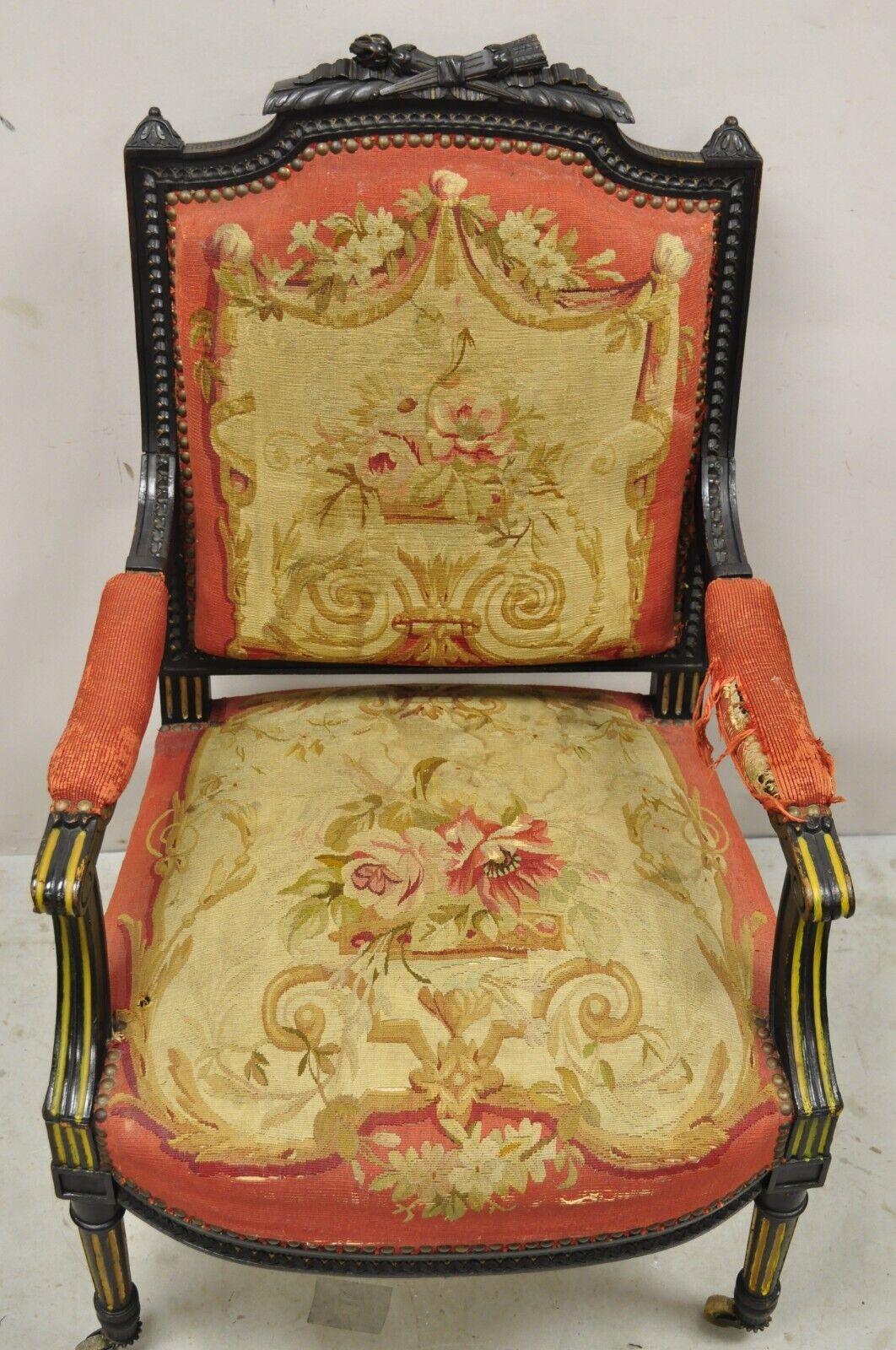 Antique French Empire Black Ebonized Walnut Needlepoint Parlor Arm Chair For Sale 6