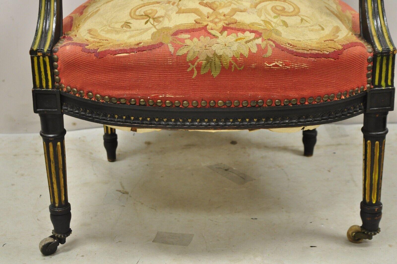 Antique French Empire Black Ebonized Walnut Needlepoint Parlor Arm Chair In Good Condition For Sale In Philadelphia, PA