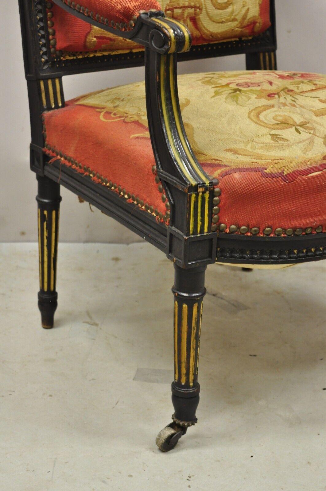 19th Century Antique French Empire Black Ebonized Walnut Needlepoint Parlor Arm Chair For Sale