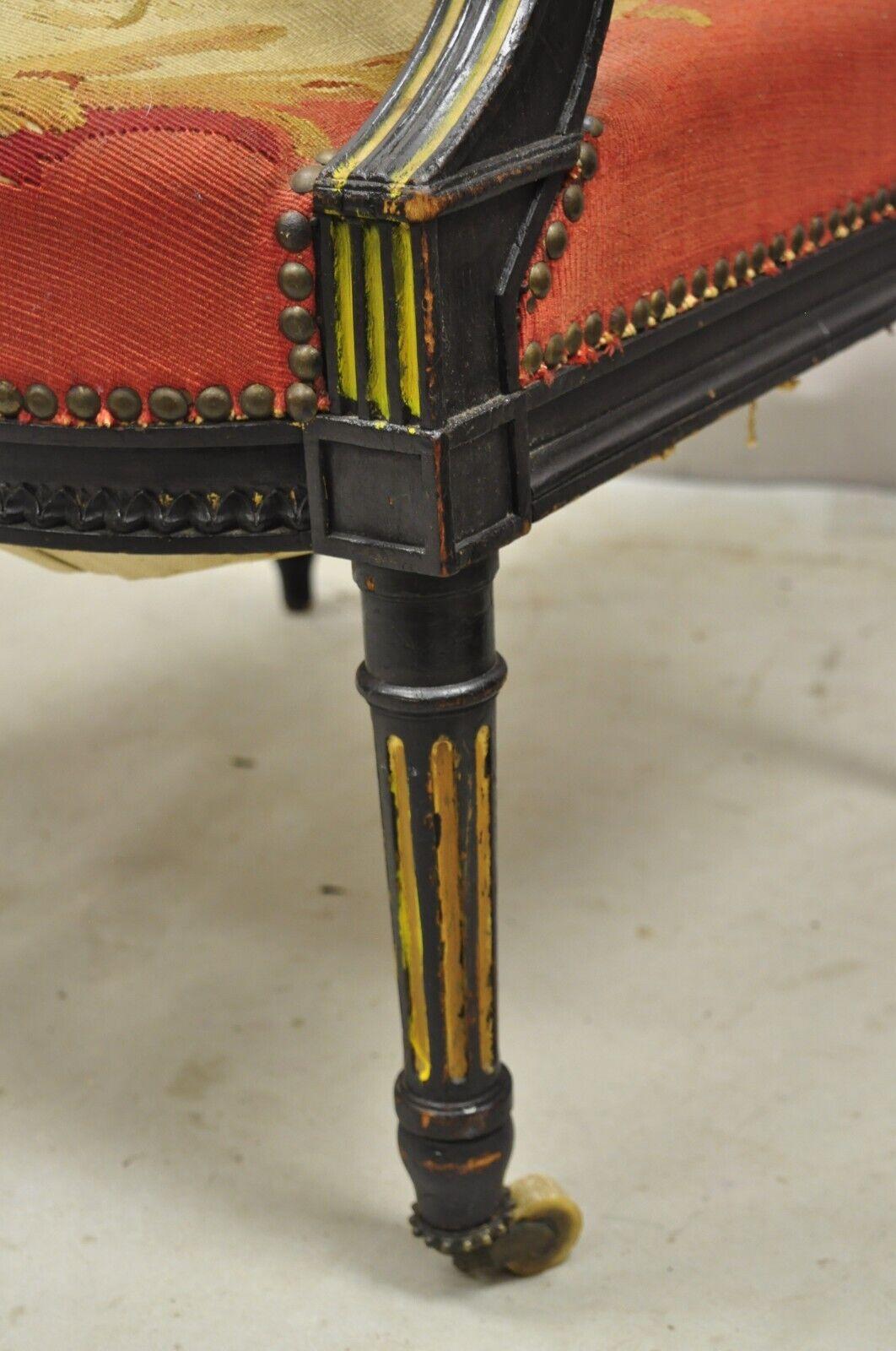 Antique French Empire Black Ebonized Walnut Needlepoint Parlor Arm Chair For Sale 2