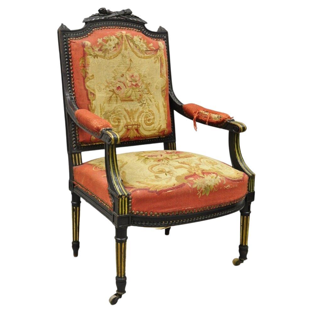 Antique French Empire Black Ebonized Walnut Needlepoint Parlor Arm Chair For Sale
