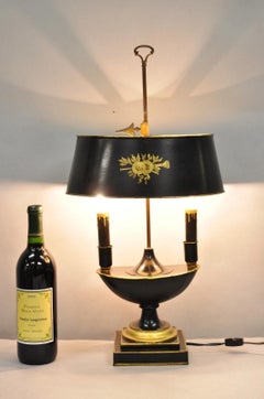 Antique French Empire Black & Gold Tole Metal Urn Bouillotte Table Lamp w Shade