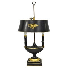 Antique French Empire Black & Gold Tole Metal Urn Bouillotte Table Lamp w Shade
