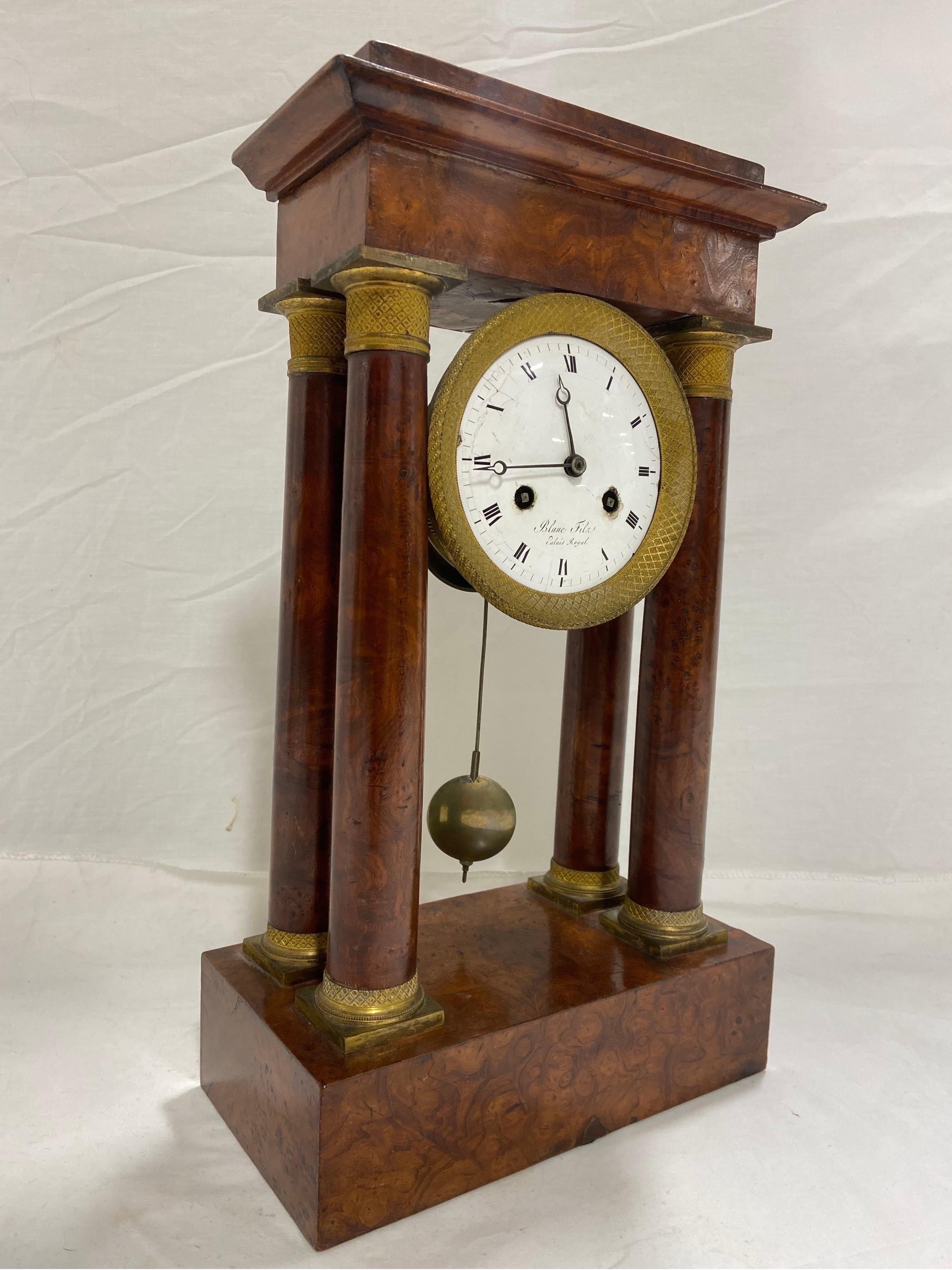 Antique French Empire Blanc Fils Palais Royale Portico Columnar Pendulum Clock In Fair Condition In Atlanta, GA