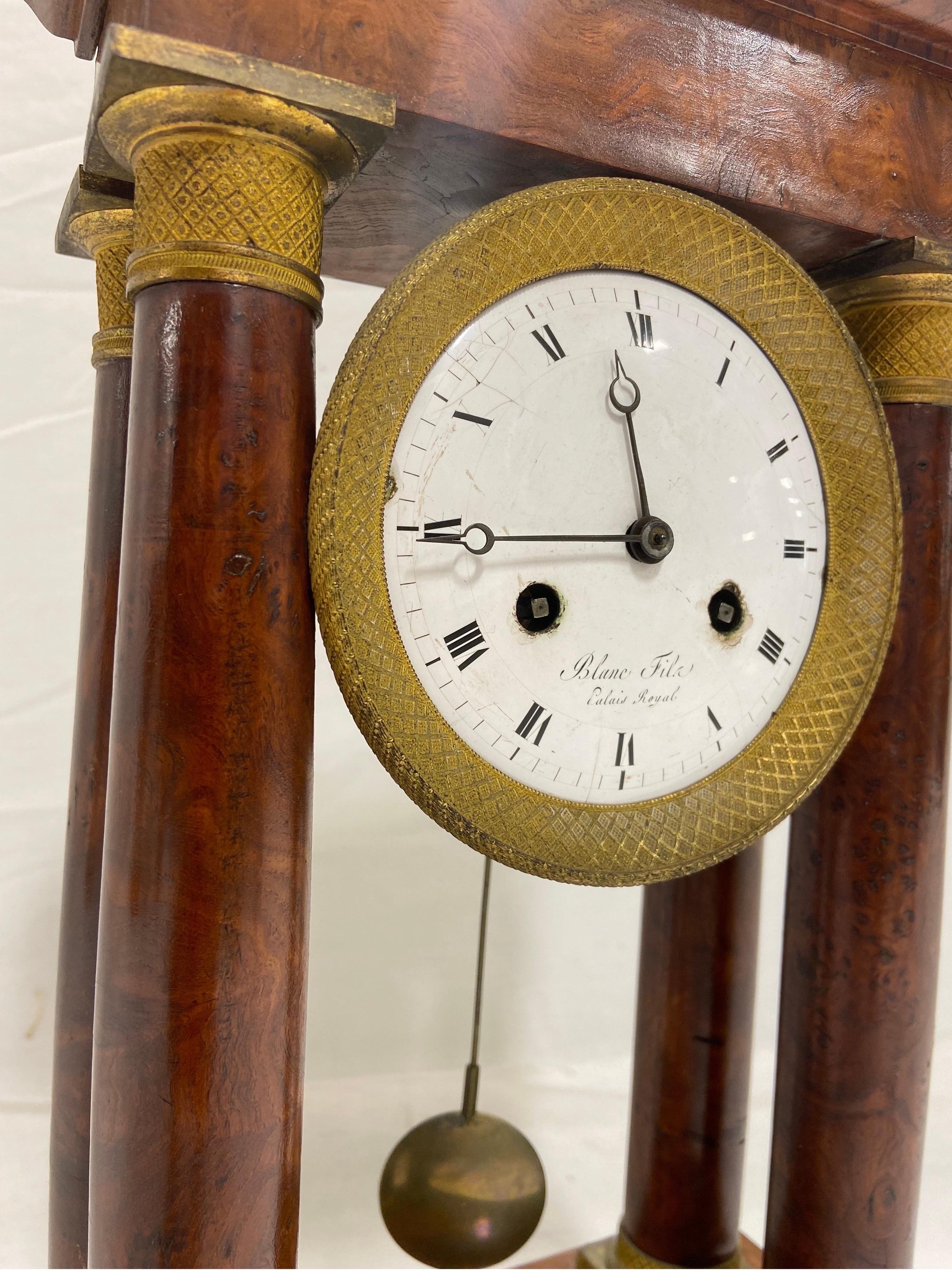 Metal Antique French Empire Blanc Fils Palais Royale Portico Columnar Pendulum Clock