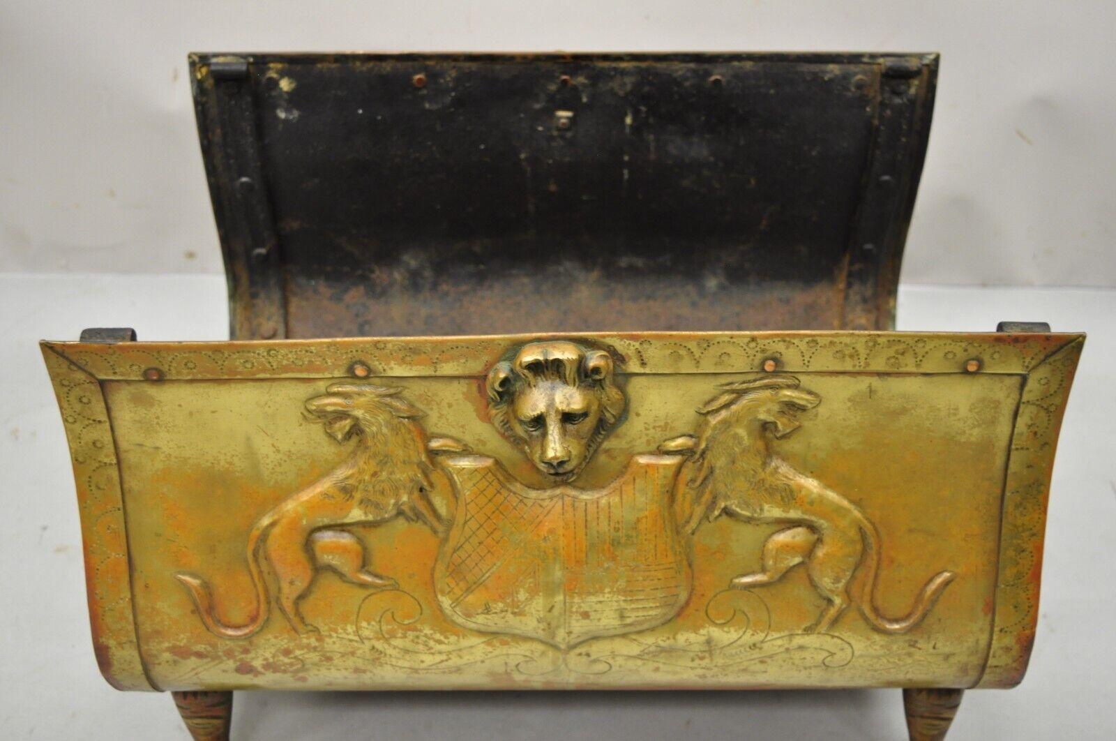Antique French Empire Brass and Cast Iron Fireplace Log Holder with Shield Lions 7