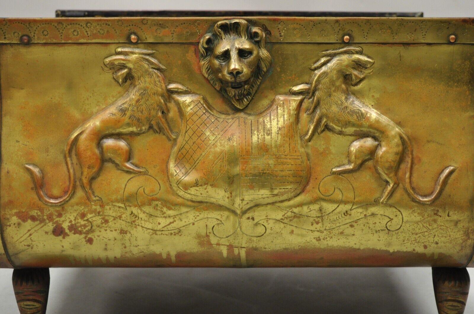 Antique French Empire Brass and Cast Iron Fireplace Log Holder with Shield Lions In Good Condition In Philadelphia, PA