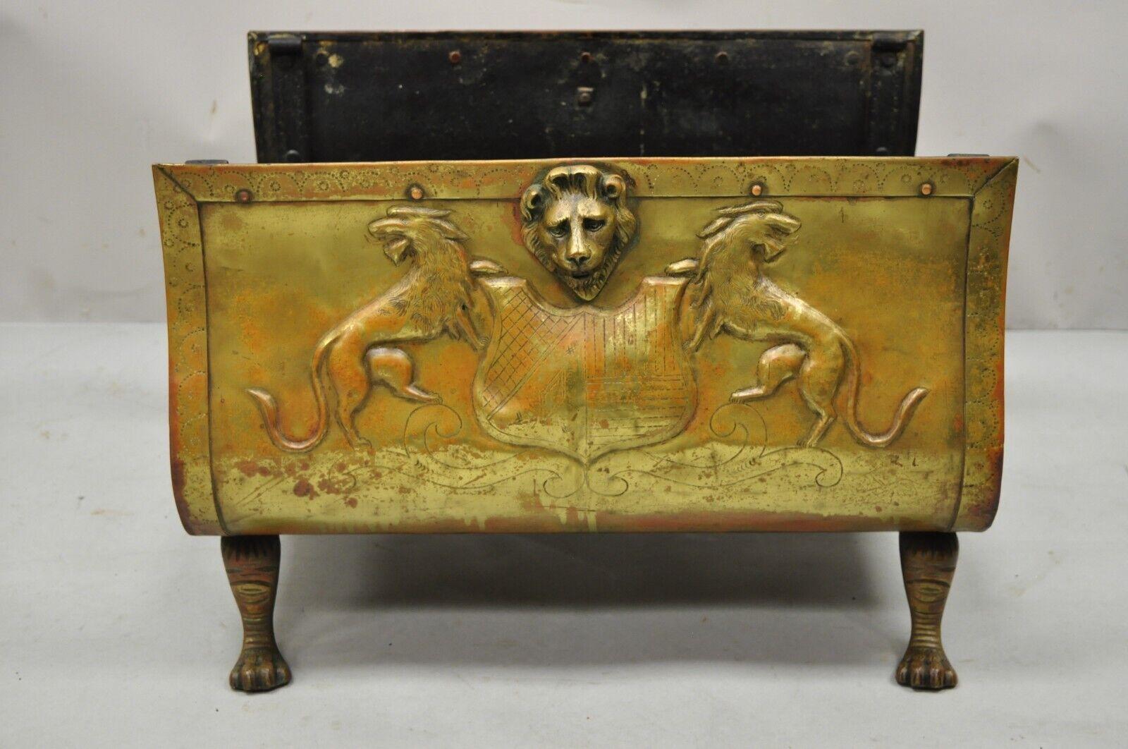 Antique French Empire Brass and Cast Iron Fireplace Log Holder with Shield Lions 2