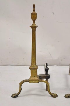 Antique French Empire Brass Bronze Urn Finial Slender Column Andirons - a Pair