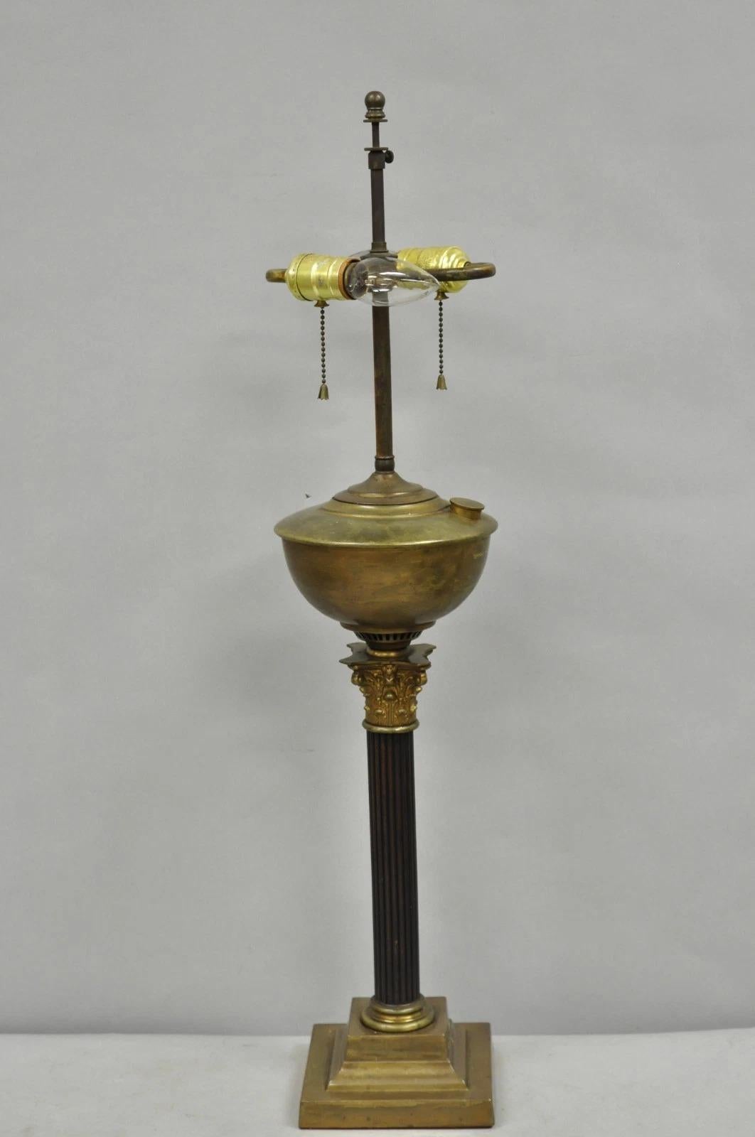 Antique French Empire Brass Converted Oil Lamp Mahogany Wood Column Table Lamp For Sale 7
