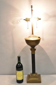 Antique French Empire Brass Converted Oil Lamp Mahogany Wood Column Table Lamp
