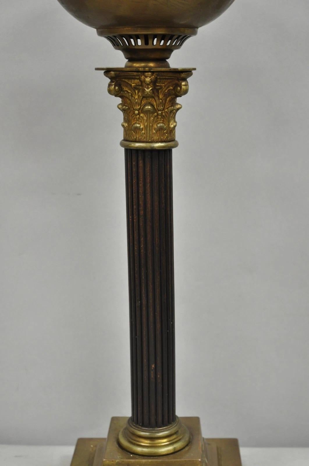 Unknown Antique French Empire Brass Converted Oil Lamp Mahogany Wood Column Table Lamp For Sale