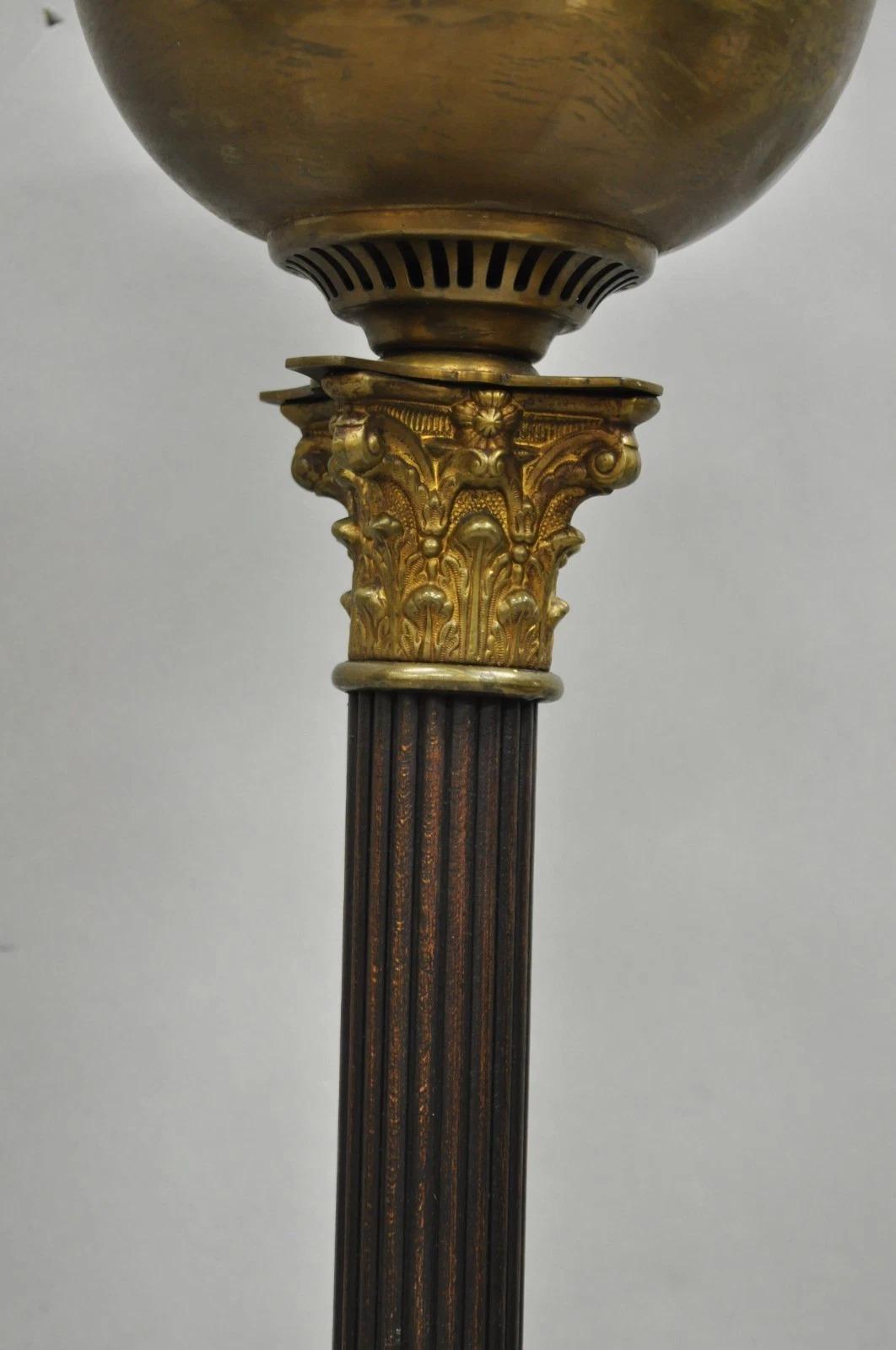 Antique French Empire Brass Converted Oil Lamp Mahogany Wood Column Table Lamp In Good Condition For Sale In Philadelphia, PA