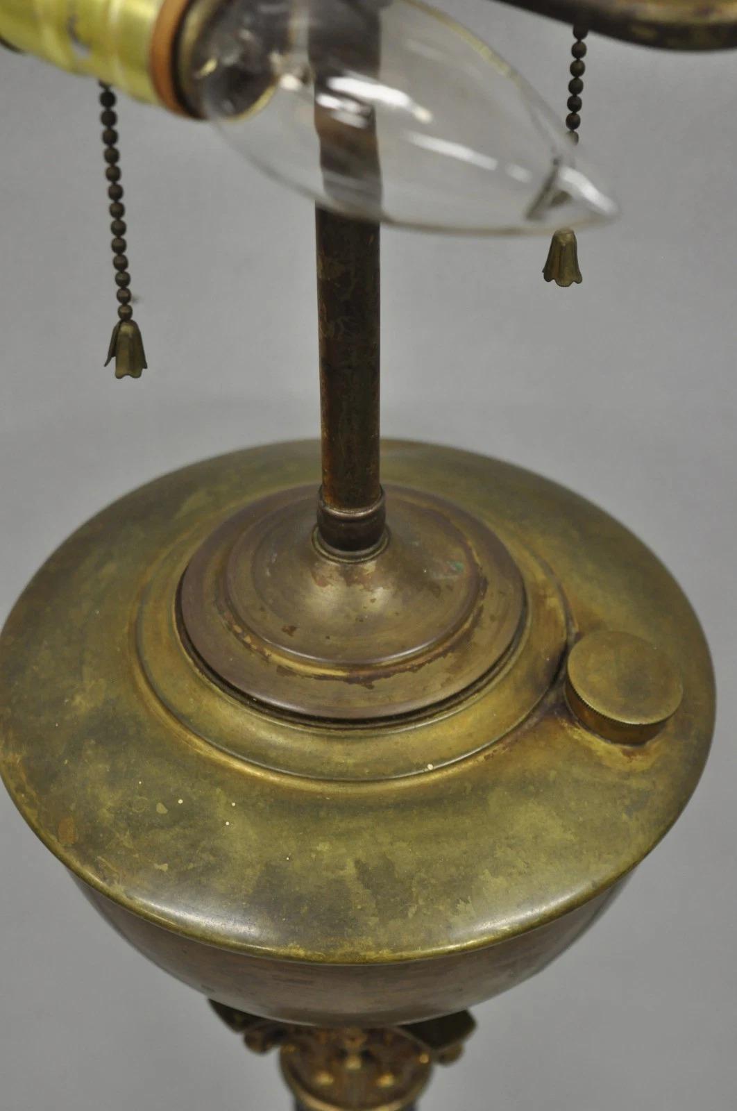 Antique French Empire Brass Converted Oil Lamp Mahogany Wood Column Table Lamp For Sale 1