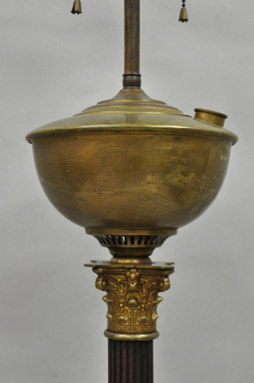 Antique French Empire Brass Converted Oil Lamp Mahogany Wood Column Table Lamp For Sale 3