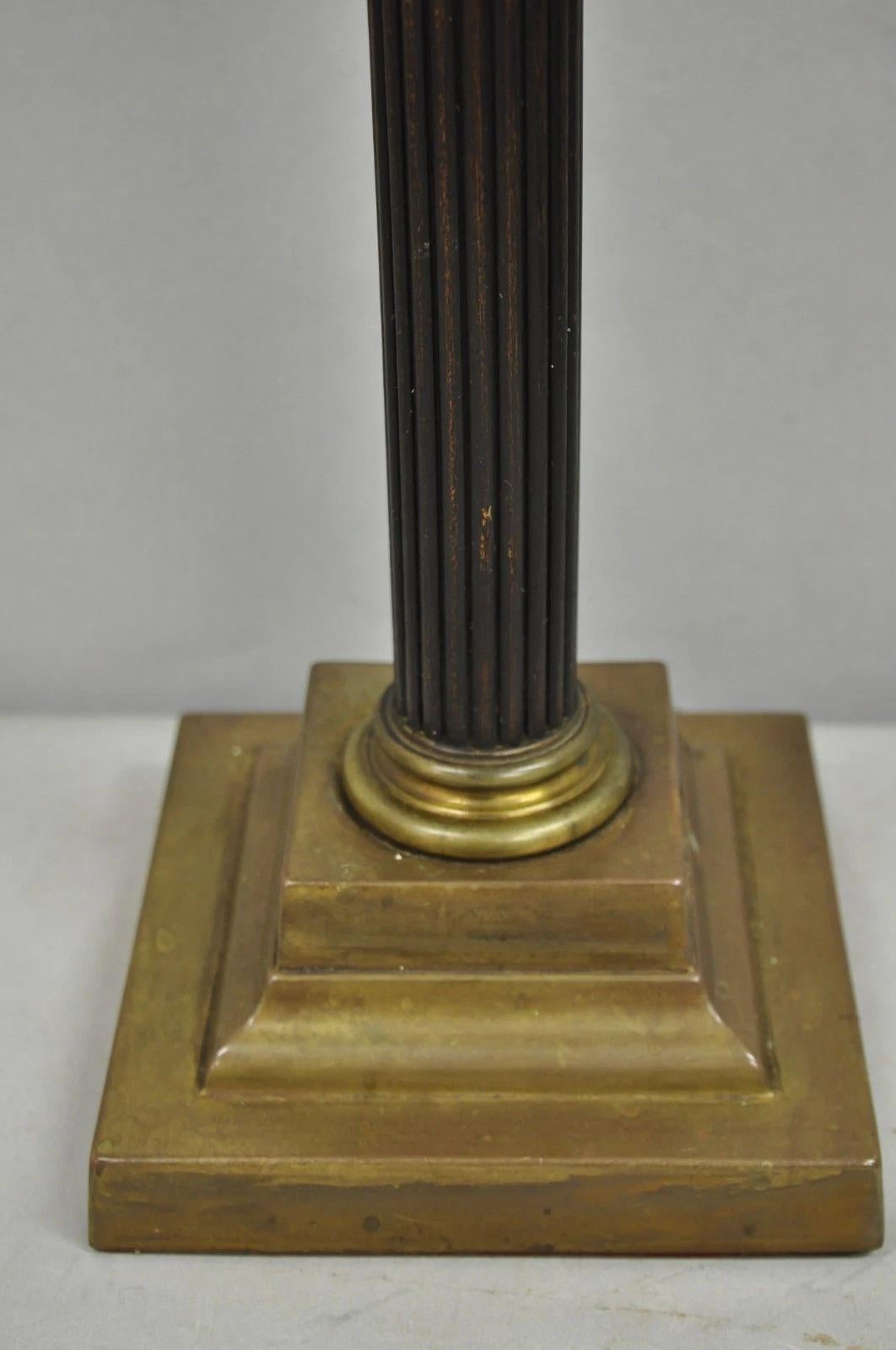 Antique French Empire Brass Converted Oil Lamp Mahogany Wood Column Table Lamp For Sale 4