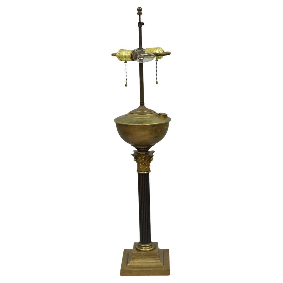 Antique French Empire Brass Converted Oil Lamp Mahogany Wood Column Table Lamp For Sale