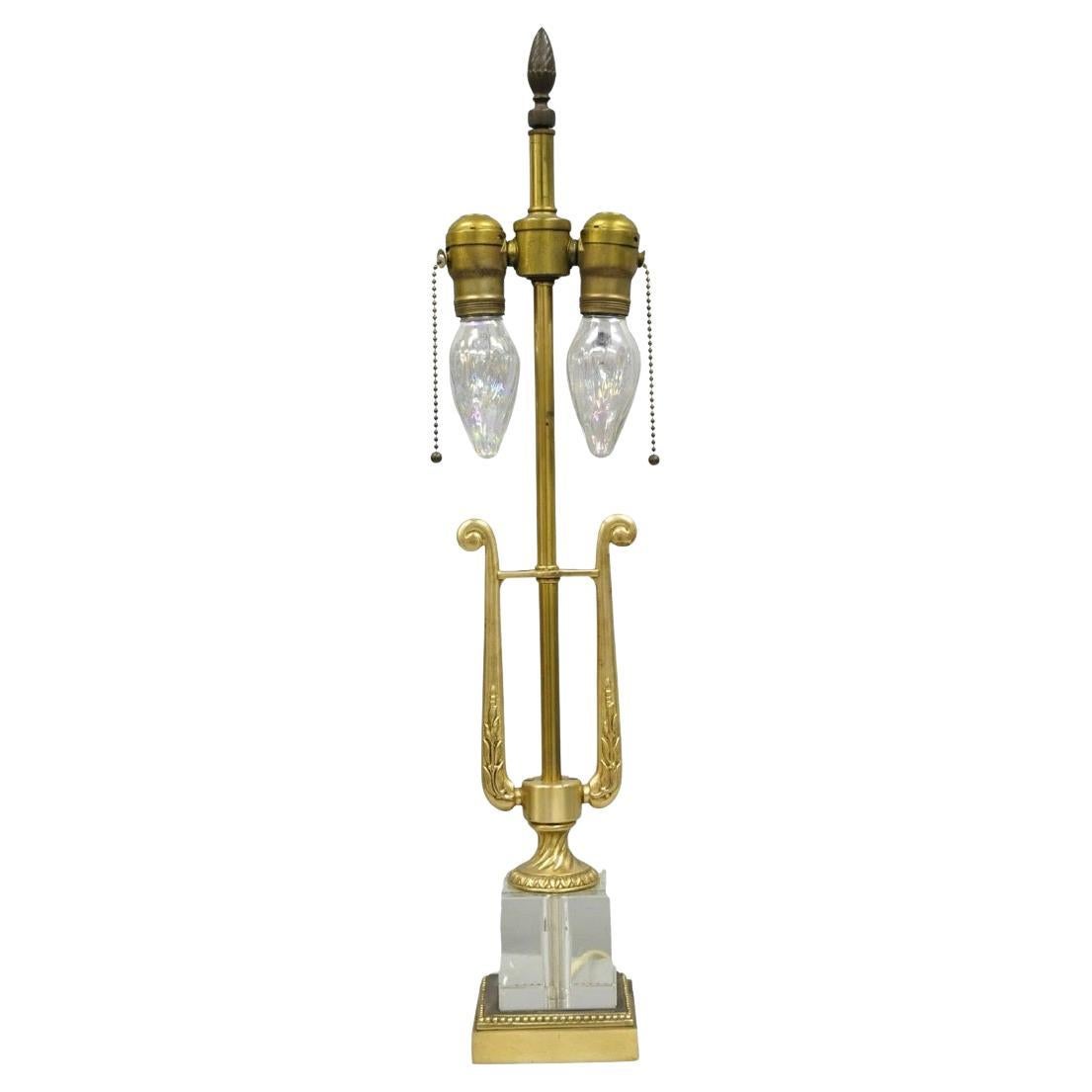 Antique French Empire Brass & Glass Classical Lyre Harp Small Boudoir Table Lamp