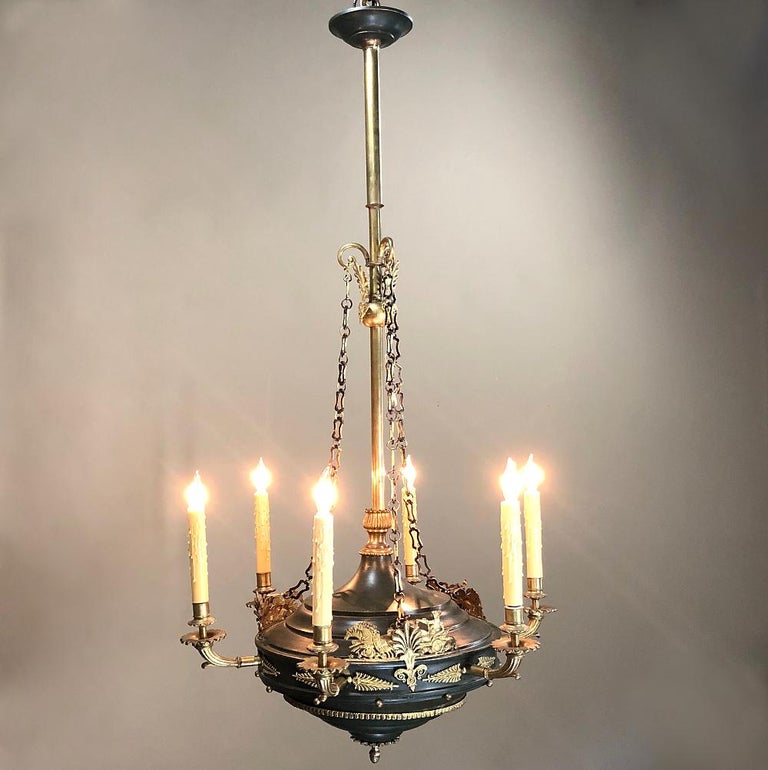 Hand-Crafted Antique French Empire Bronze & Brass Chandelier For Sale
