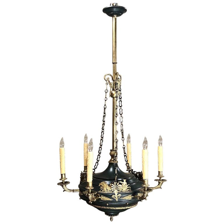 Antique French Empire Bronze & Brass Chandelier For Sale