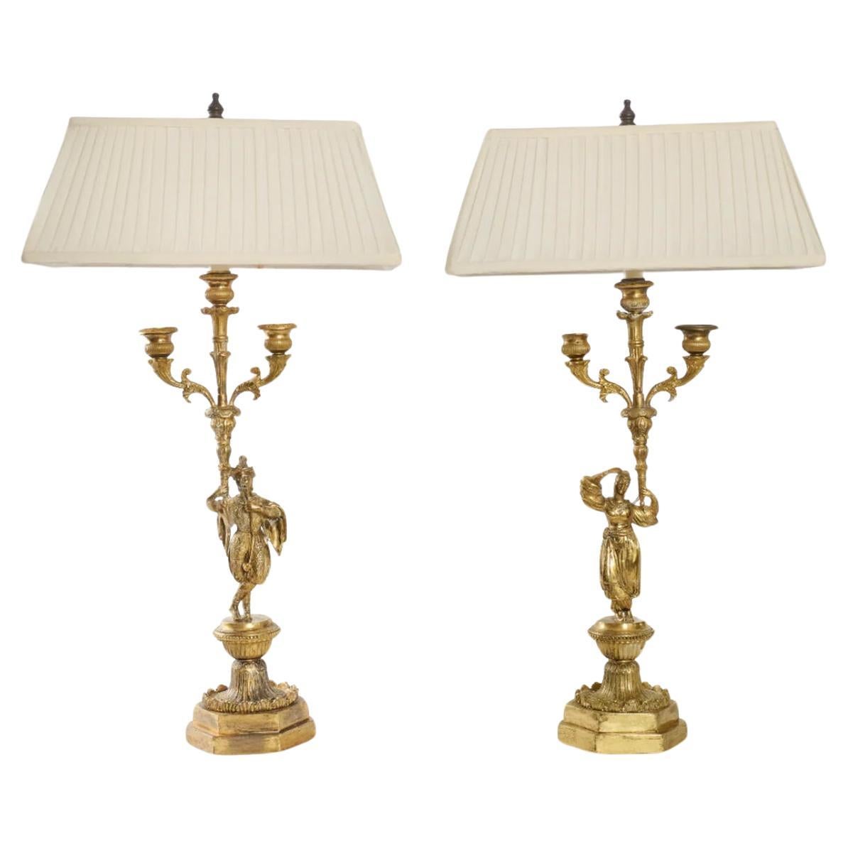 Antique French Empire Bronze Candelabra Table Lamps ~ Pair For Sale