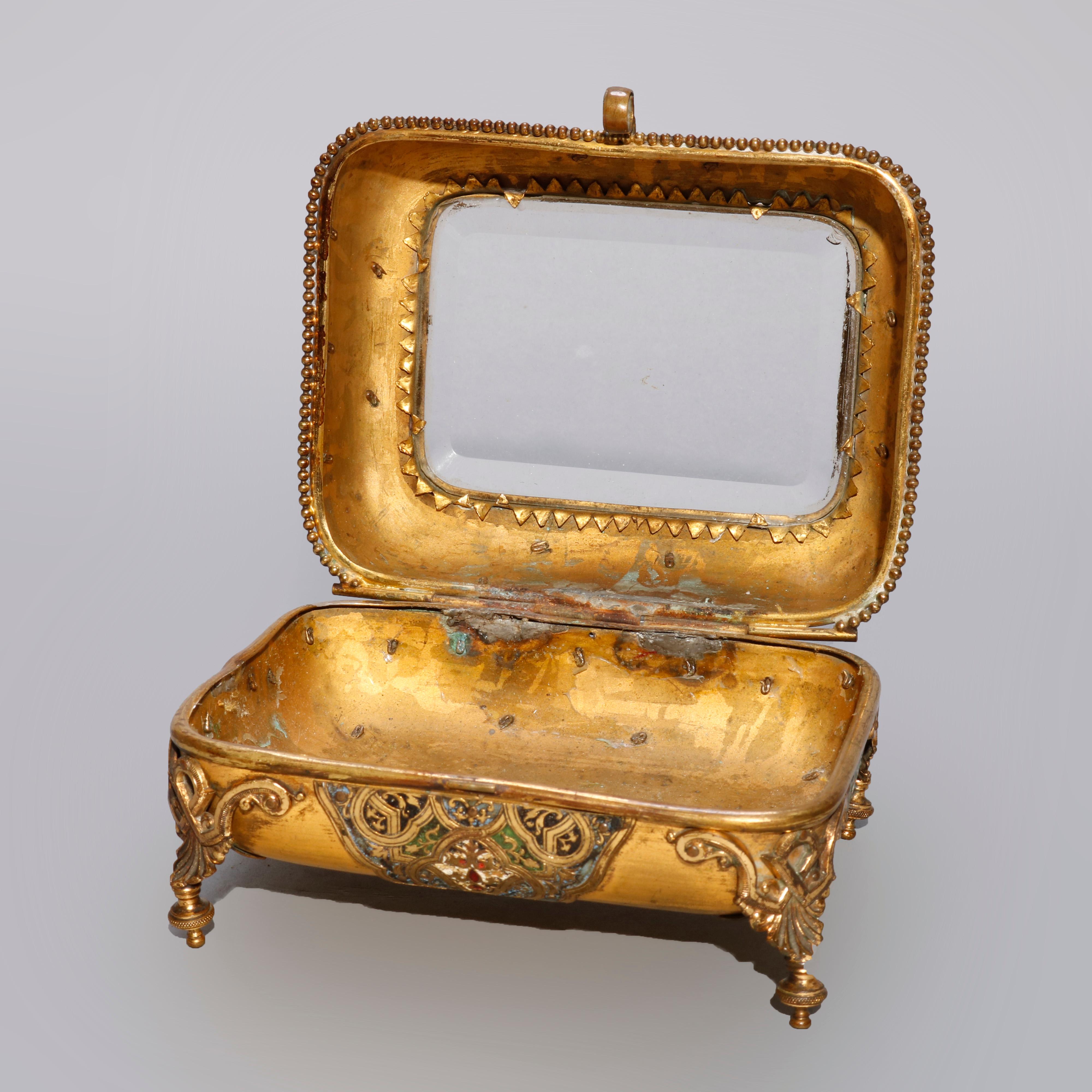 Antique French Empire Bronze & Champleve Enameled Dresser Box, Signed, C 1890 In Good Condition In Big Flats, NY