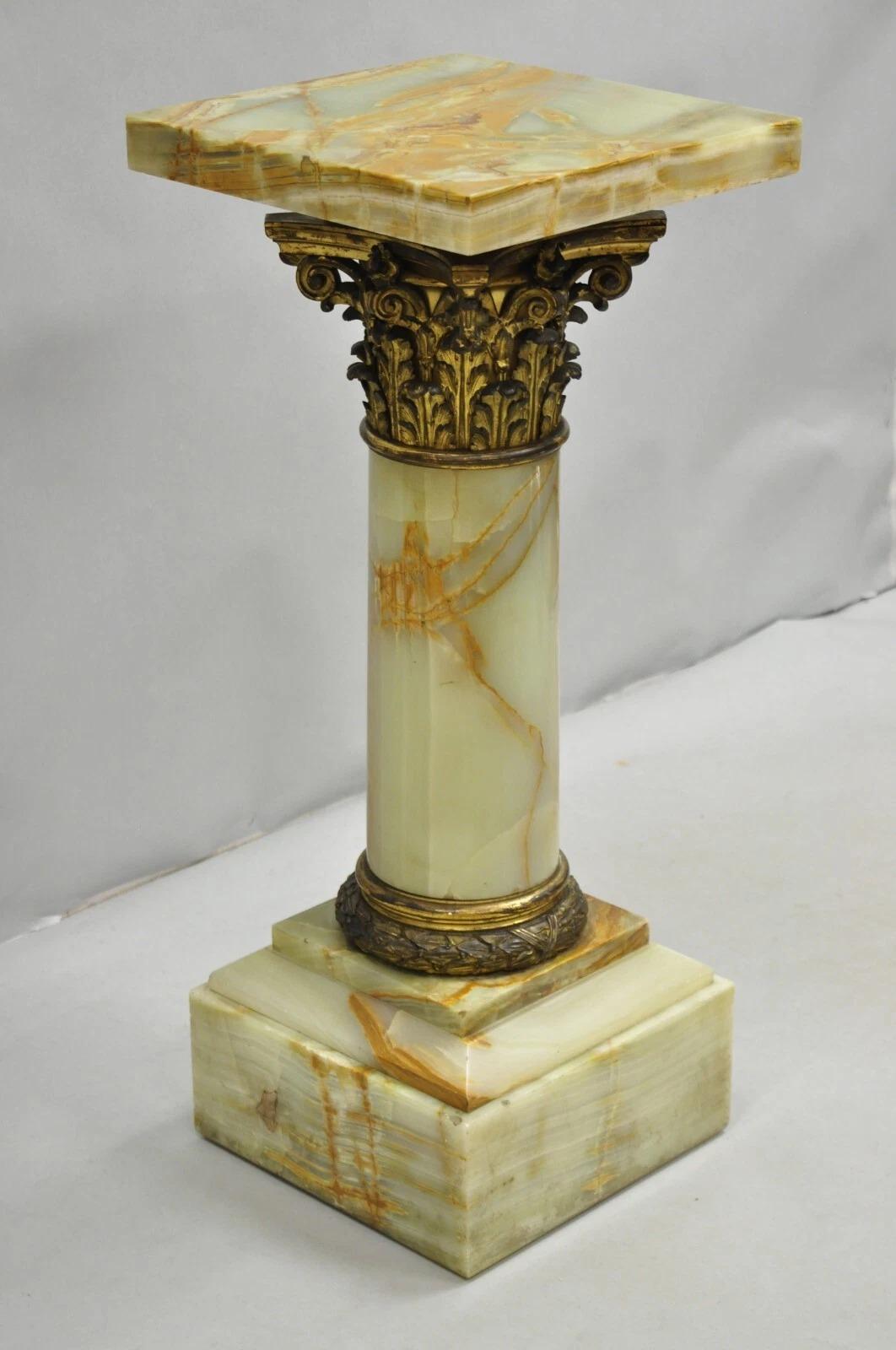 Antique French Empire Bronze Classical Corinthian Column Green Onyx 30