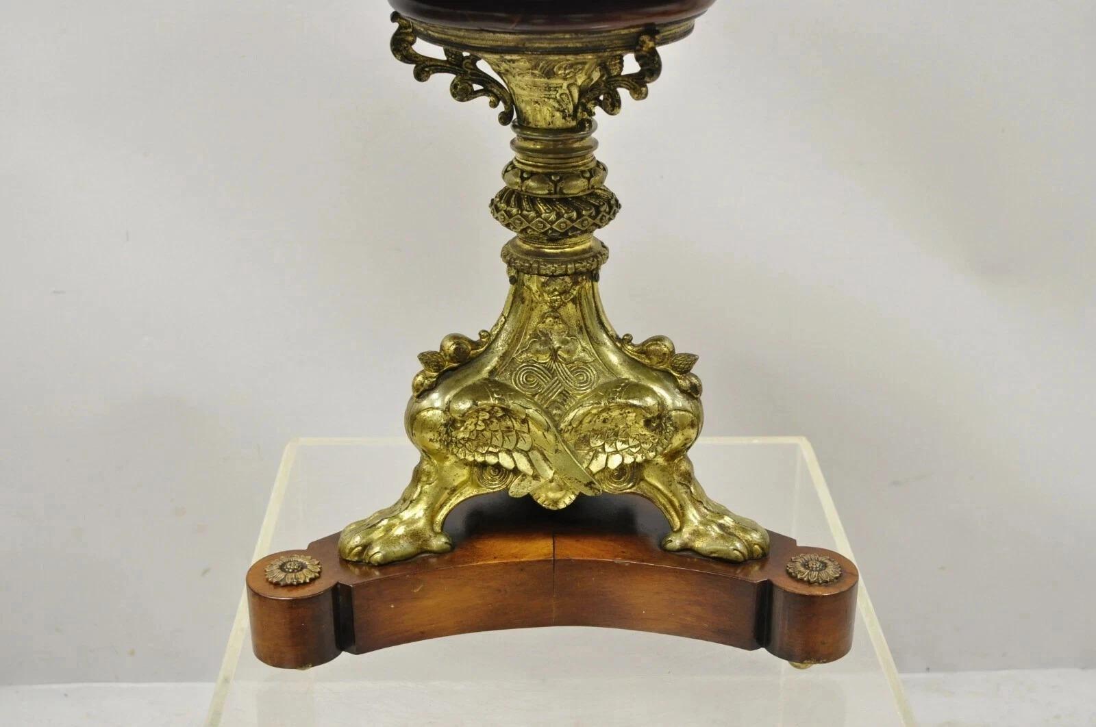 Antique French Empire Bronze Figural Swans Paw Foot Pedestal Base Low Side Table. Item features an ornate bronze pedestal base with swans and paw feet, beautiful wood grain, very nice antique item, quality French craftsmanship. Nice small/low size.
