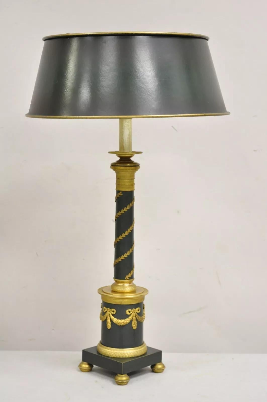 Ancienne lampe de bureau Bouillotte de style Empire français en bronze vert colonne de bougeoirs en vente 8