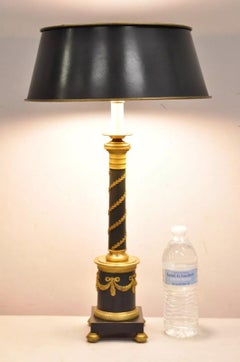 Antique French Empire Bronze Green Candlestick Column Bouillotte Desk Table Lamp