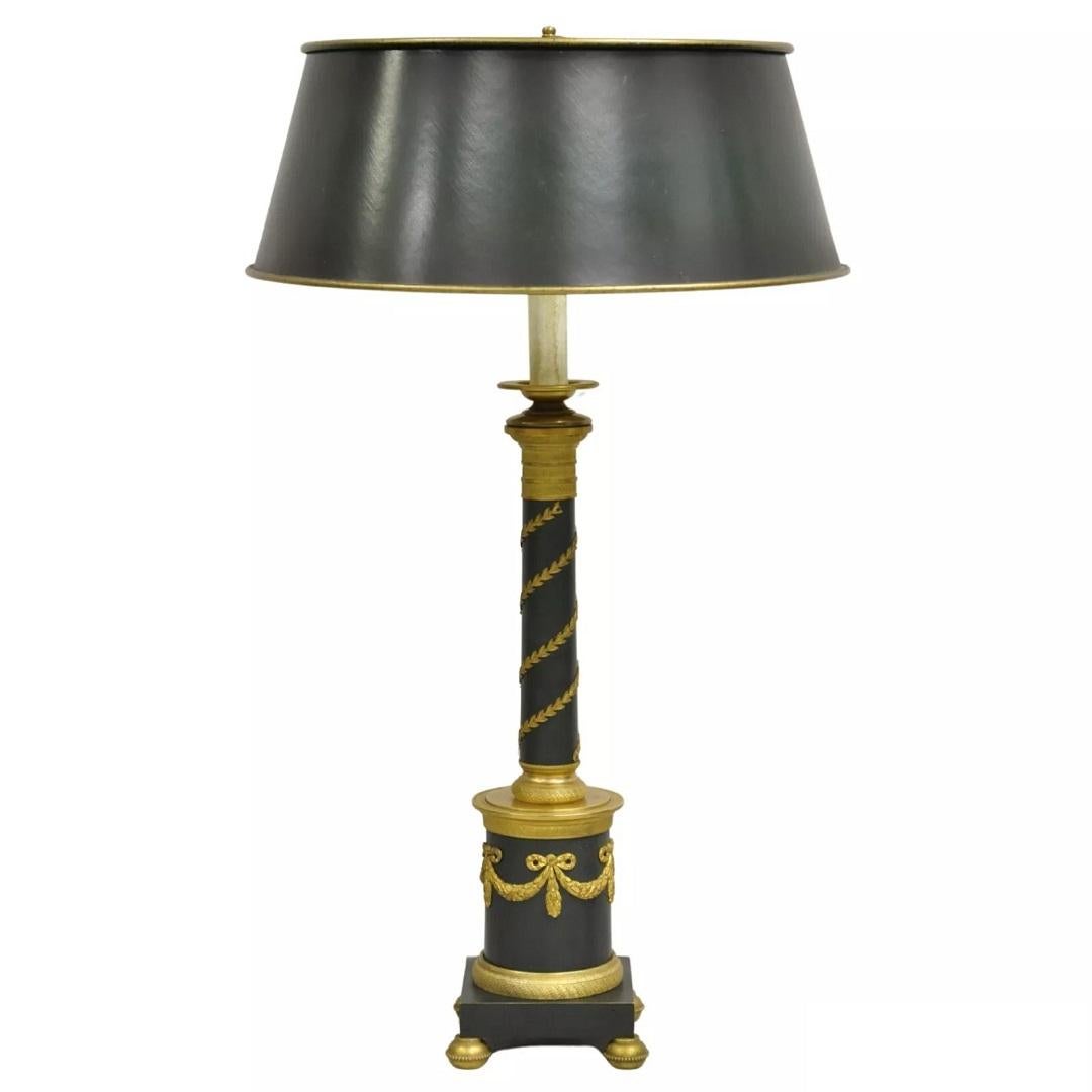 Antique French Empire Bronze Green Candlestick Column Bouillotte Desk Table Lamp