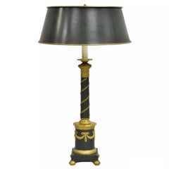Antique French Empire Bronze Green Candlestick Column Bouillotte Desk Table Lamp