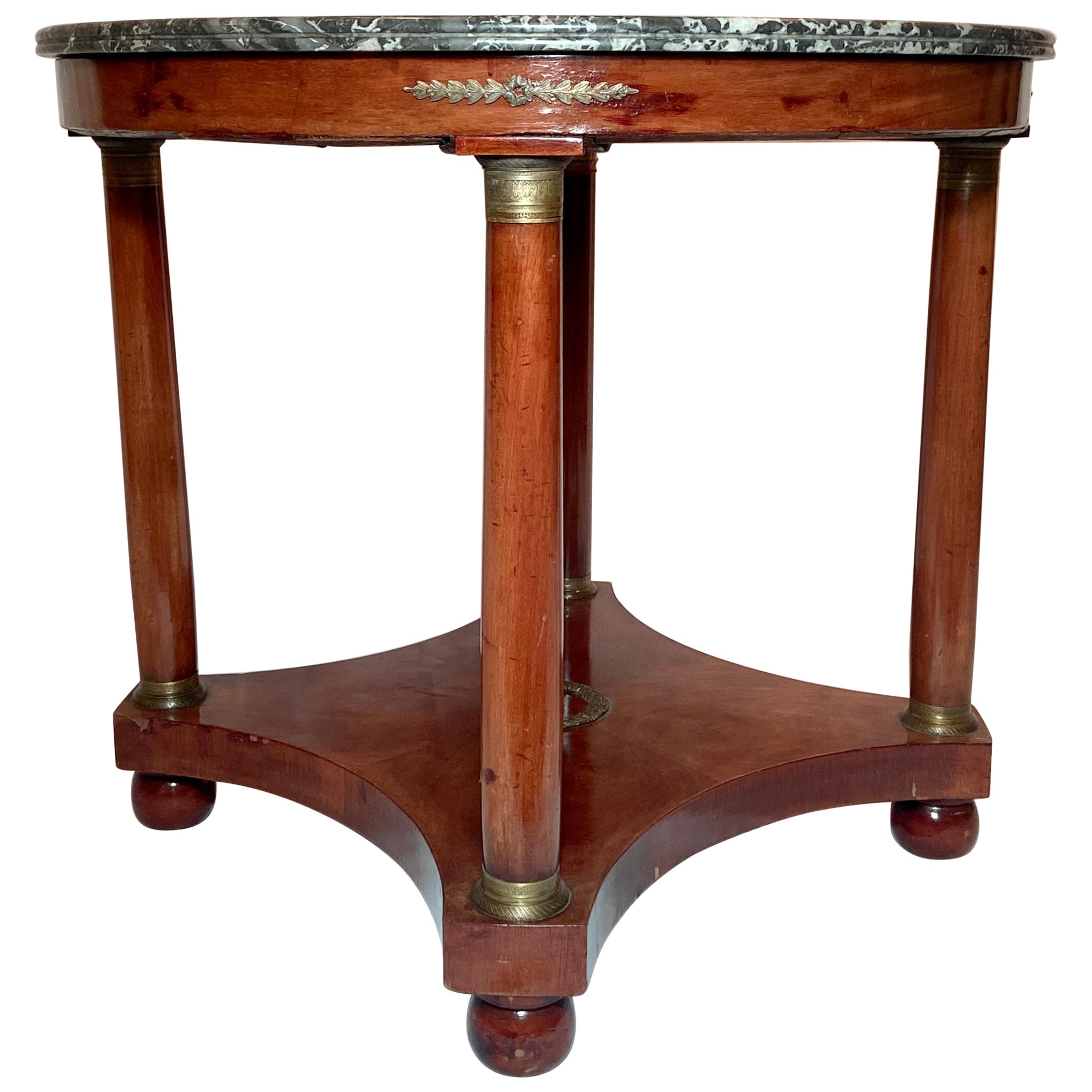 Ancienne table centrale française de style Empire en acajou avec plateau en marbre et monture en bronze, vers 1880