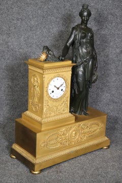 Antique French Empire Bronze Ormolu Figural Neoclassic Clock by Déniére