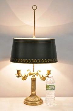 Antique French Empire Bronze Swans Green Tole Metal Shade Bouillotte Table Lamp