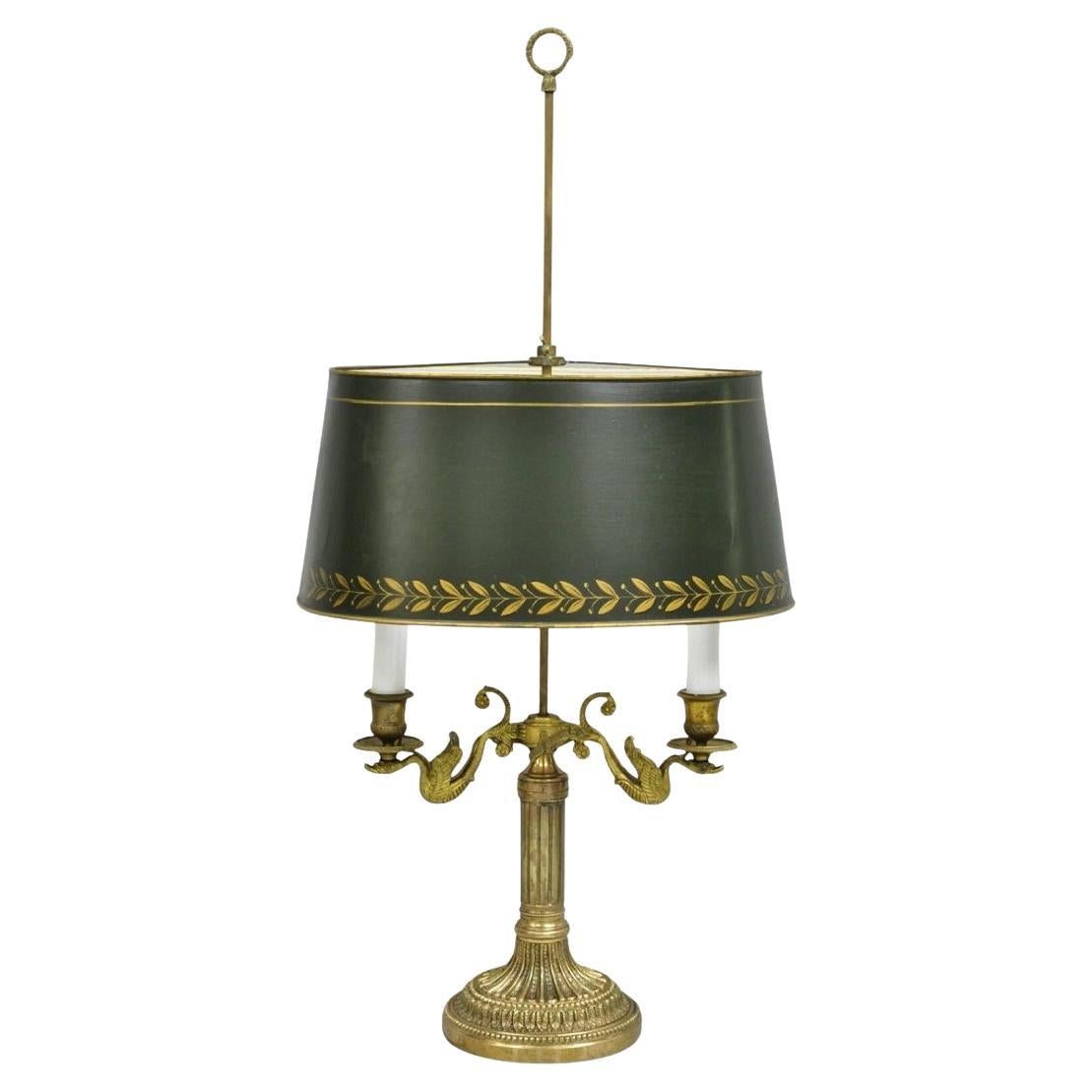 Antique French Empire Bronze Swans Green Tole Metal Shade Bouillotte Table Lamp