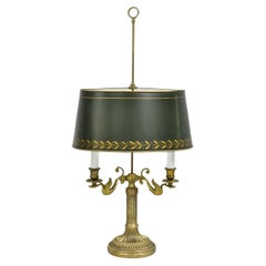 Antique French Empire Bronze Swans Green Tole Metal Shade Bouillotte Table Lamp