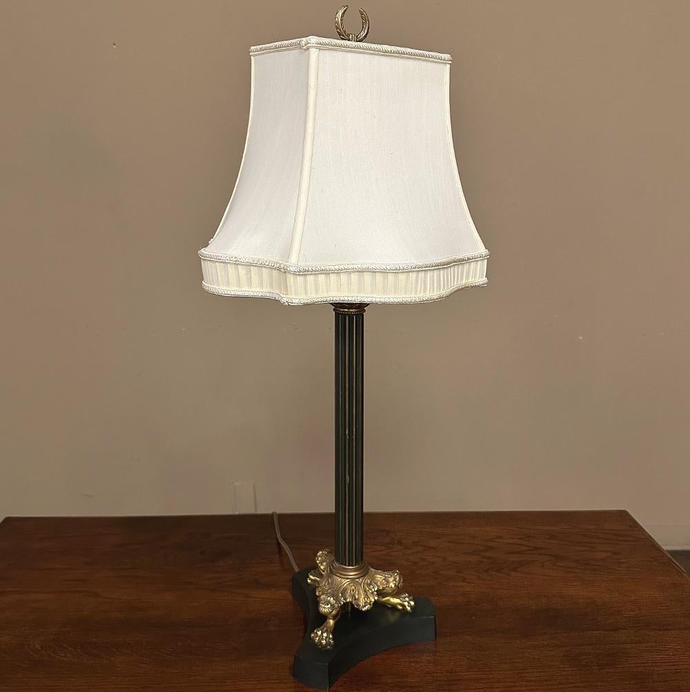 Hand-Crafted Antique French Empire Bronze Table Lamp with Silk Shade For Sale