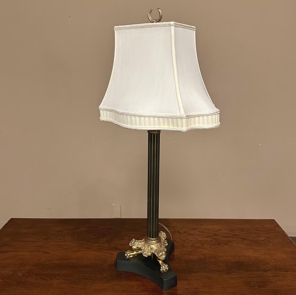 Antique French Empire Bronze Table Lamp with Silk Shade In Good Condition For Sale In Dallas, TX