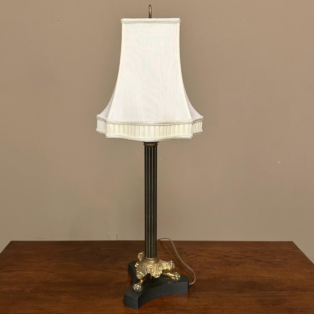 20th Century Antique French Empire Bronze Table Lamp with Silk Shade For Sale